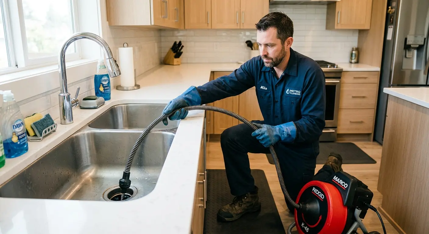 Drain cleaning technician using a motorized snake on a kitchen sink in Longmeadow