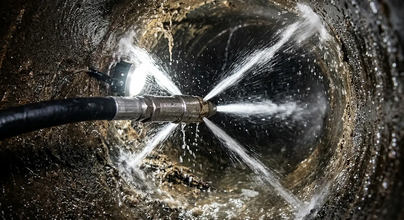 High-pressure hydro jetting nozzle cleaning sewer pipe for Emergency Drain Service in Longmeadow