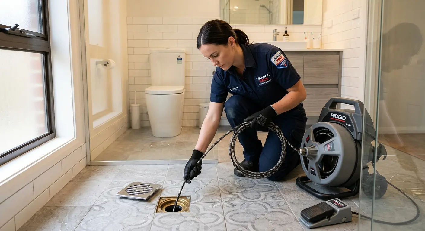 Technician clearing a bathroom floor drain for Sewer Line Installation in Longmeadow